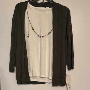 Women’s Sz S Olive Green Cardigan with White Top
